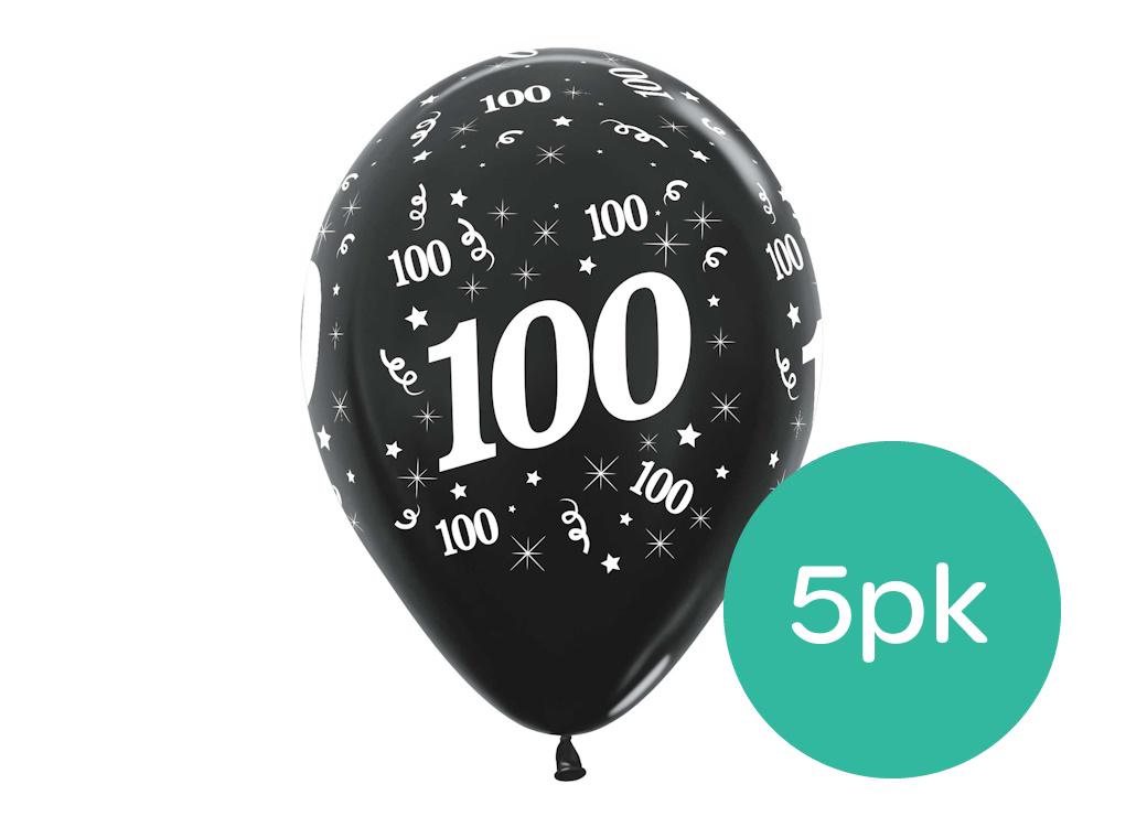 100th Birthday Balloons - Black 5pk