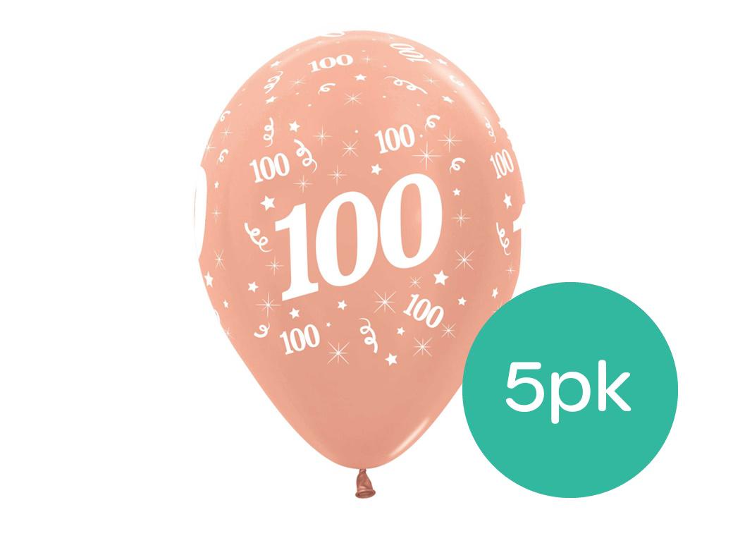 100th Birthday Balloons - Rose Gold 5pk