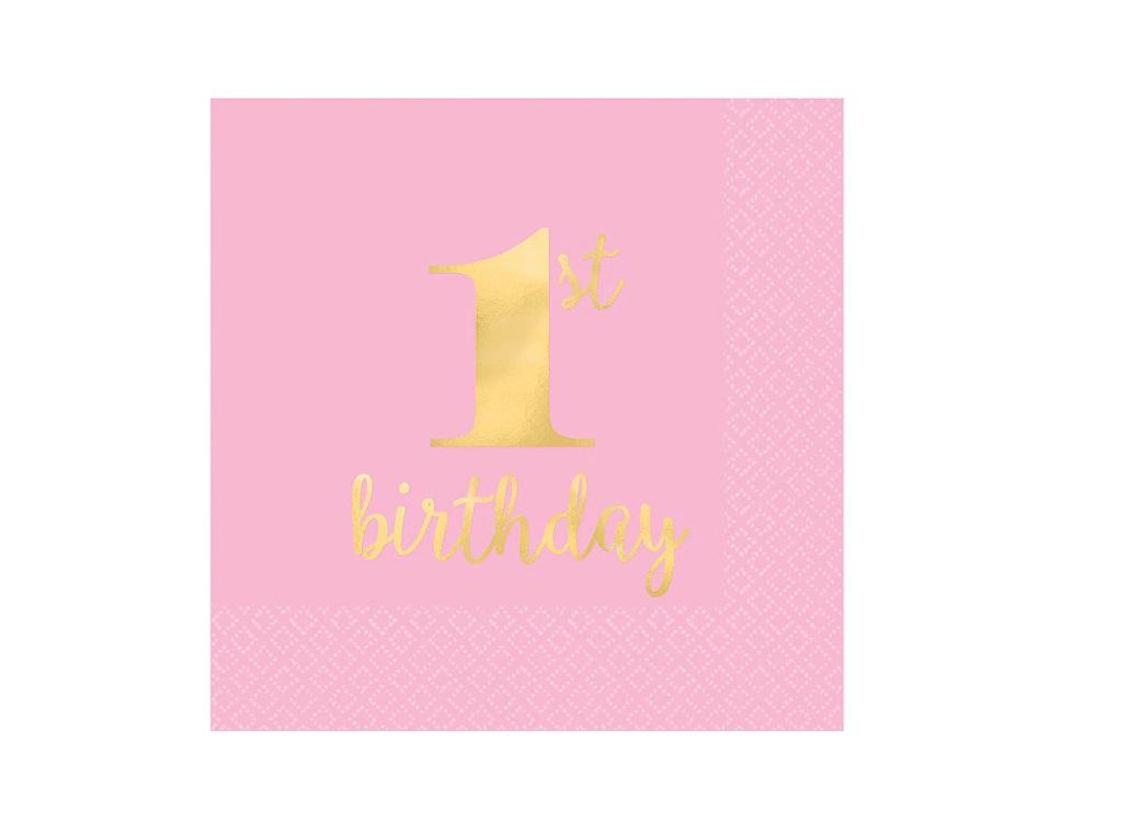 1st Birthday Pink Beverage Napkins 16pk