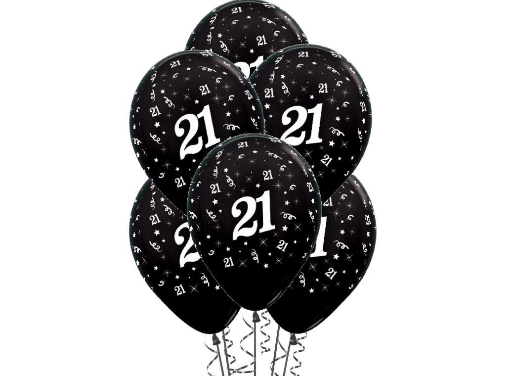 21st Birthday Balloons - Black 5pk