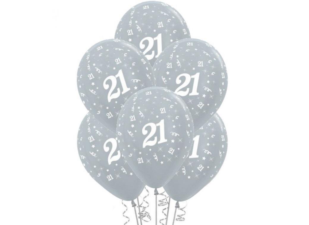 21st Birthday Balloons - Silver 5pk