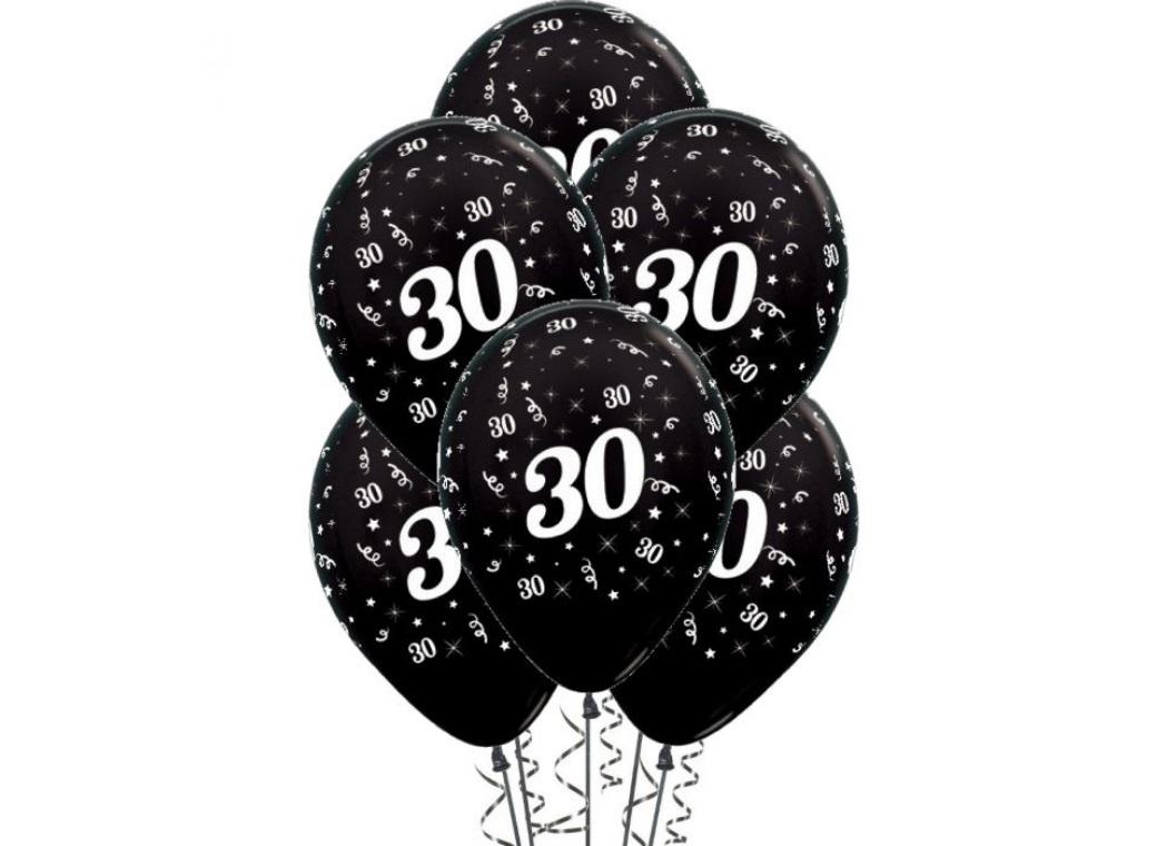 30th Birthday Balloons - Black 5pk