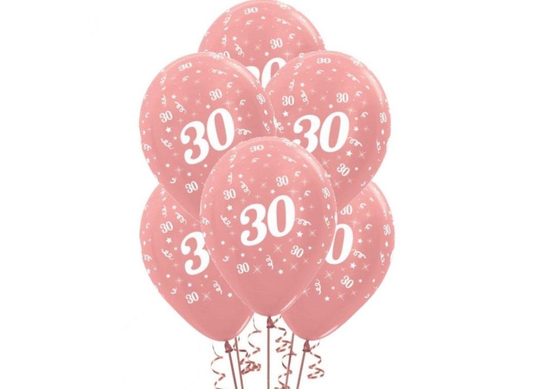 30th Birthday Balloons - Rose Gold 6pk