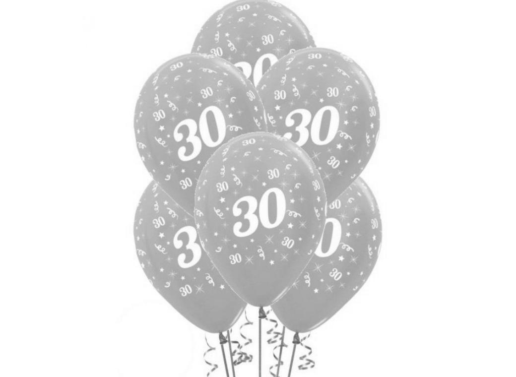 30th Birthday Balloons - Silver 5pk