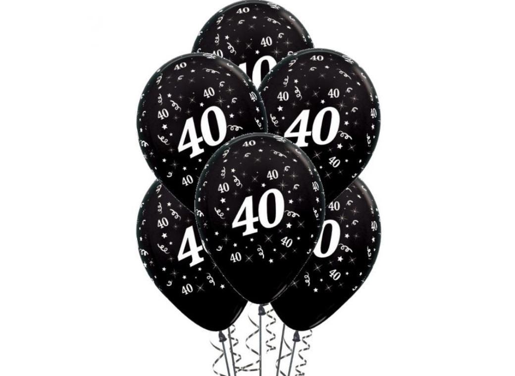 40th Birthday Balloons - Black 6pk