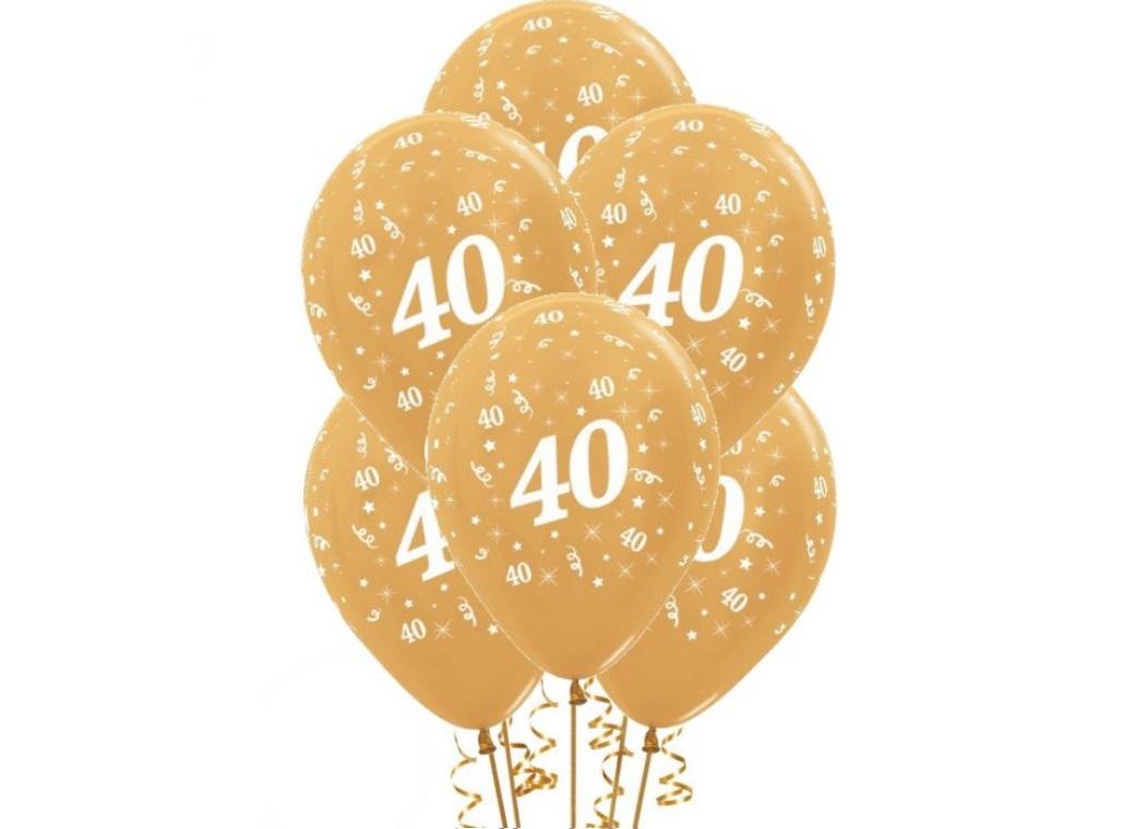 40th Birthday Balloons - Gold 5pk