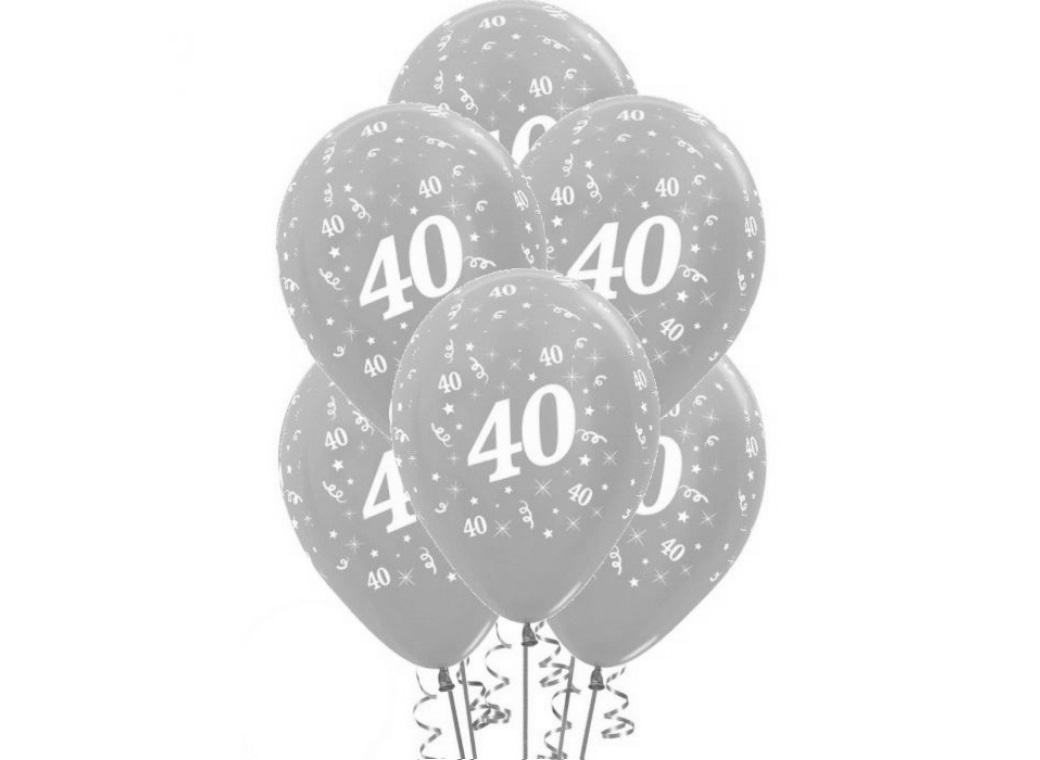 40th Birthday Balloons - Silver 5pk