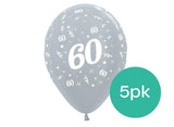 60th Birthday Balloons - Silver 5pk