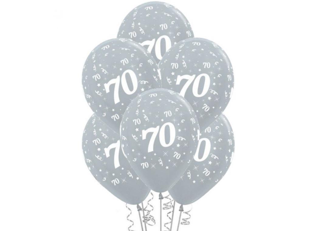 70th Birthday Balloons - Silver 6pk