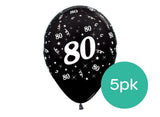 80th Birthday Balloons - Black 5pk