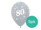 80th Birthday Balloons - Silver 5pk