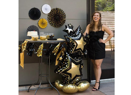 AirLoonz Black & Gold Stars Foil Balloon