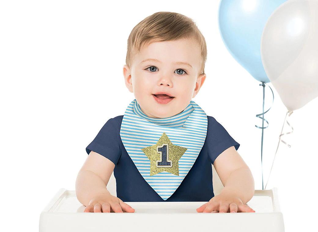 1st Birthday Blue & Gold Glitter Bib