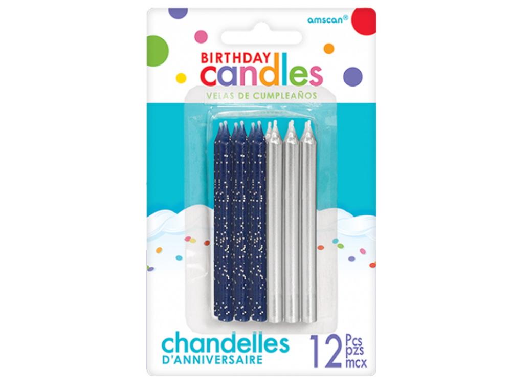 Blue Glitter & Silver Metallic Candles 12pk