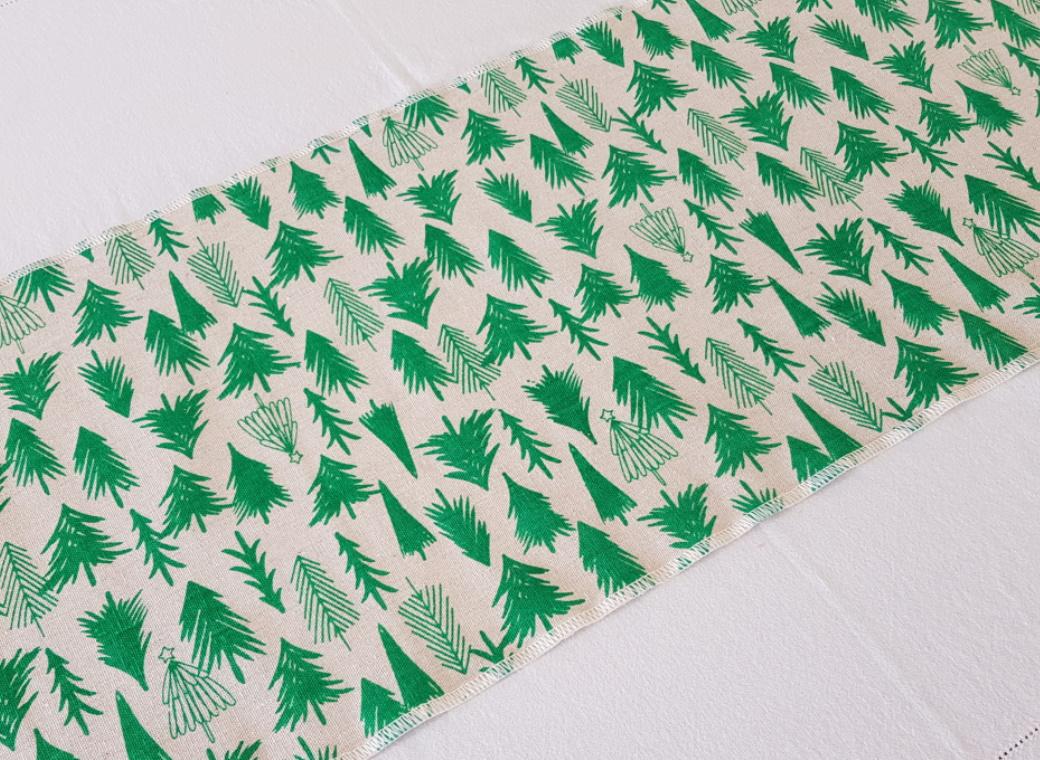 Christmas Table Runner - Linen & Green Trees