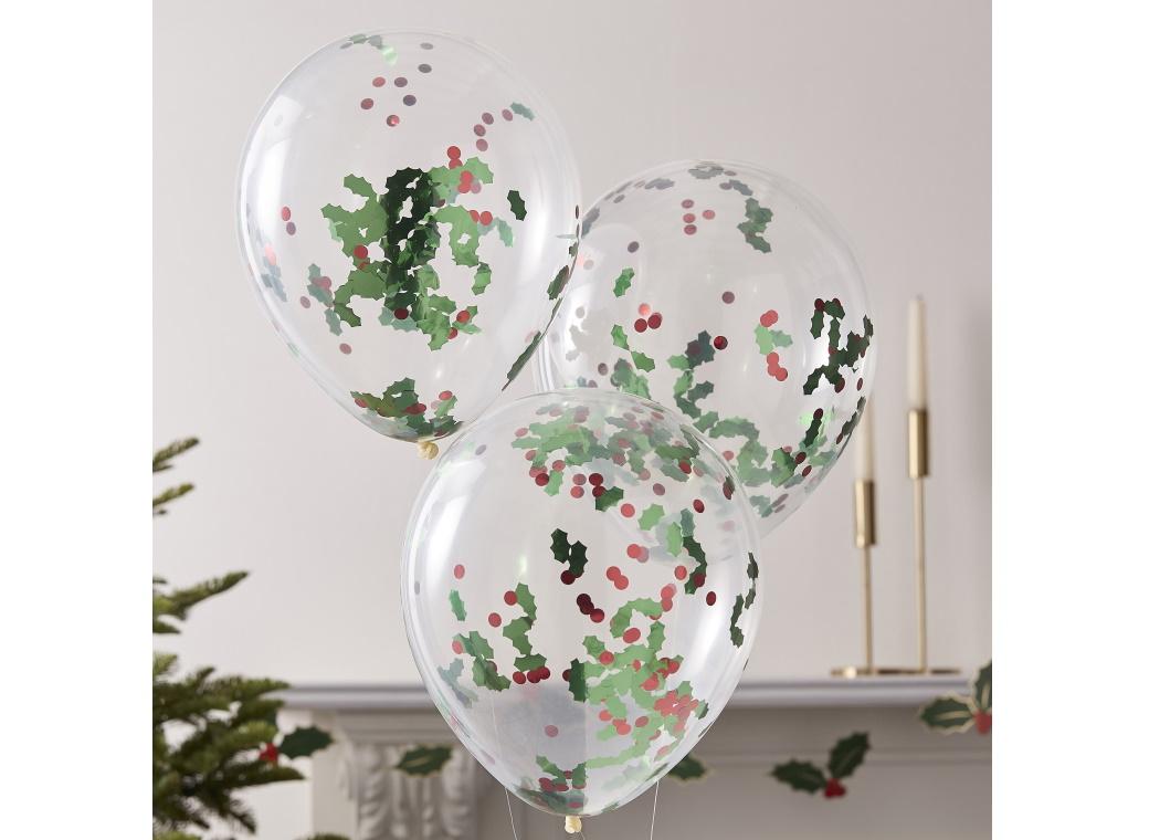 Christmas Holly Confetti Balloons 5pk