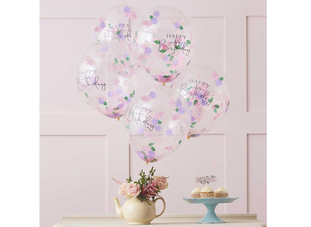 Happy Birthday Floral Confetti Balloons 5pk