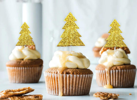 Gold Glitter Christmas Tree Cupcake Toppers 12pk