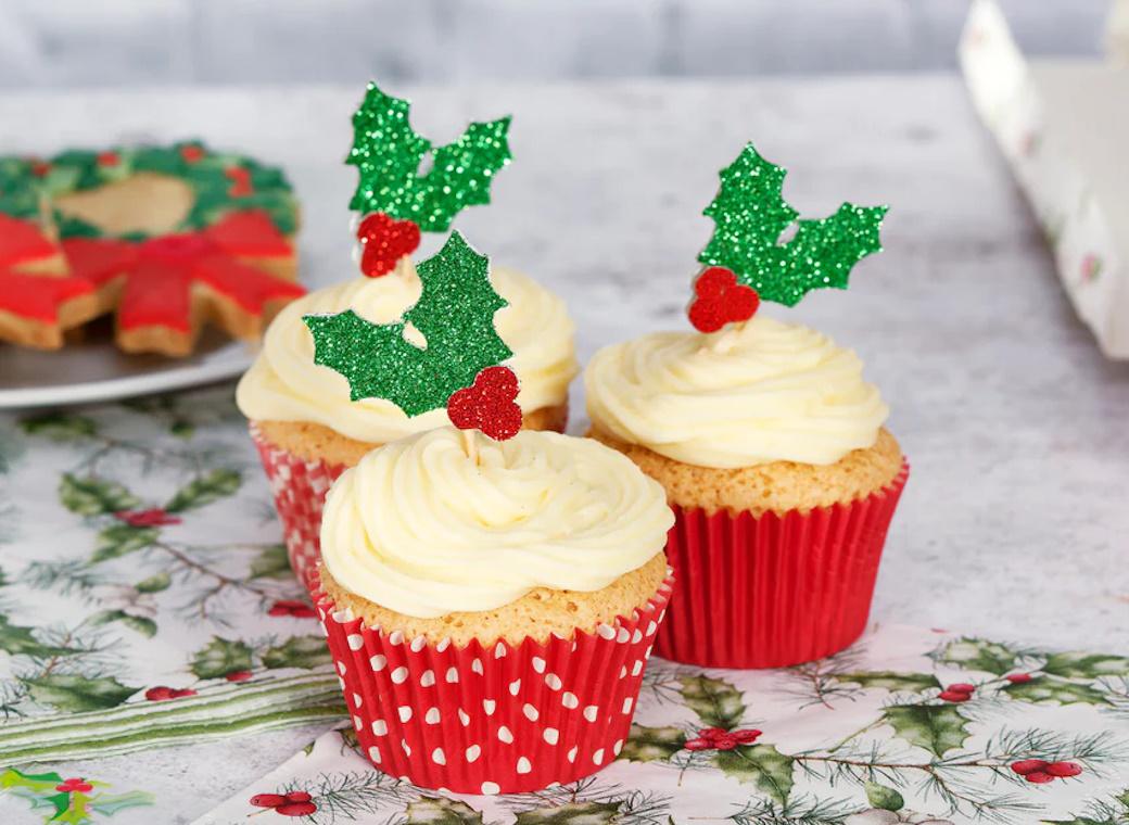 Glitter Holly Cupcake Toppers 12pk