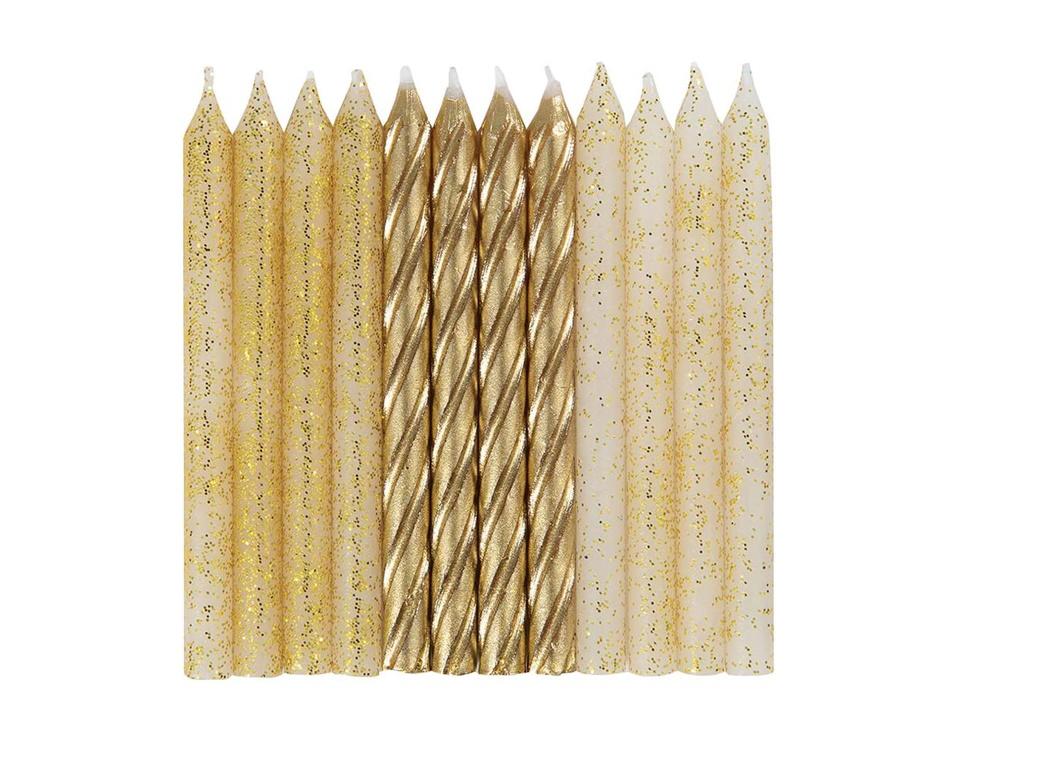 Gold & Gold Glitter Spiral Candles 24pk