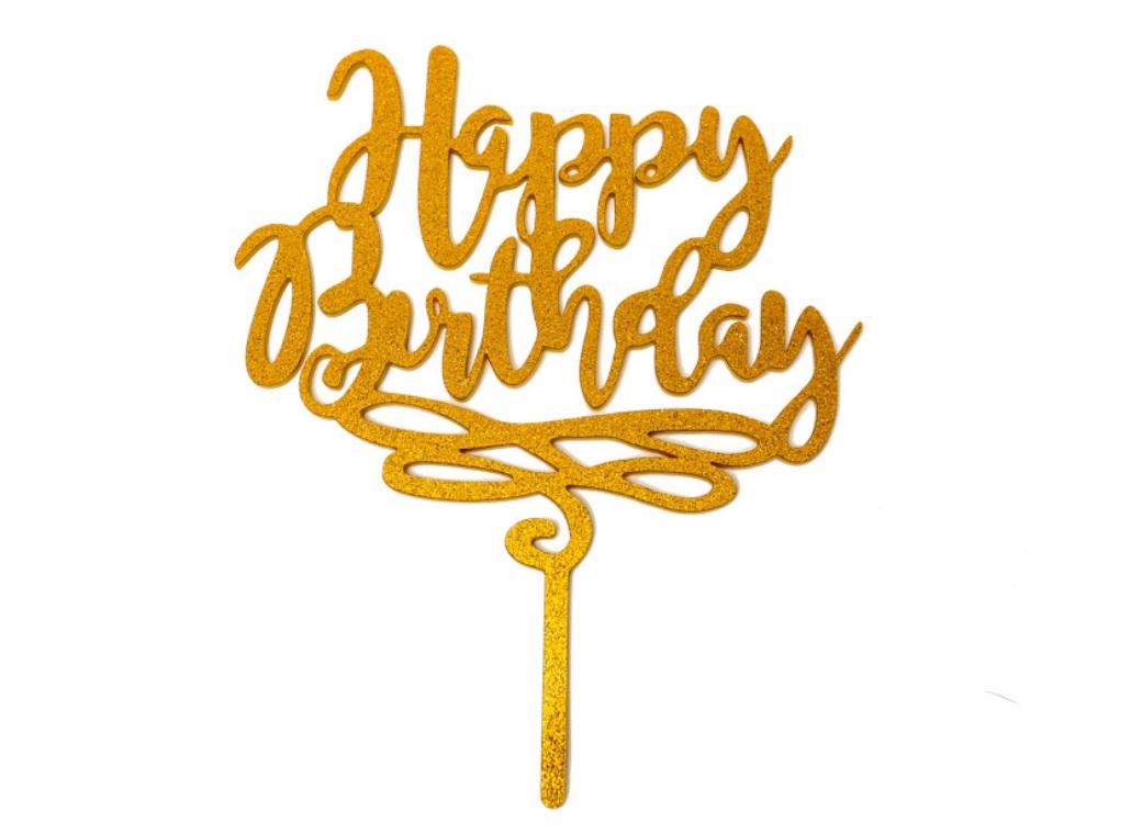 Happy Birthday Cake Topper - Gold Glitter