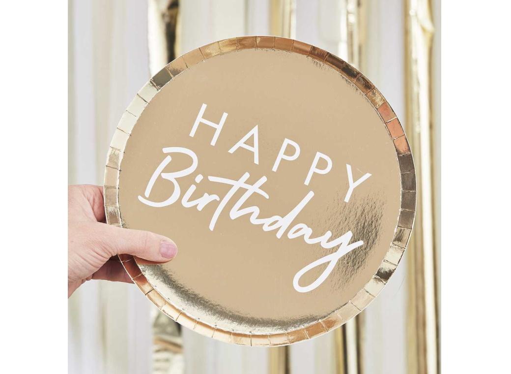 Gold Happy Birthday Plates 8pk