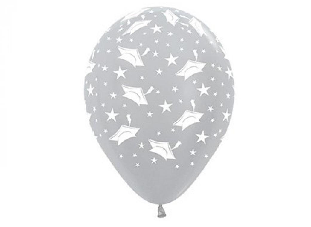 Graduation Caps & Stars Silver Balloons 12pk