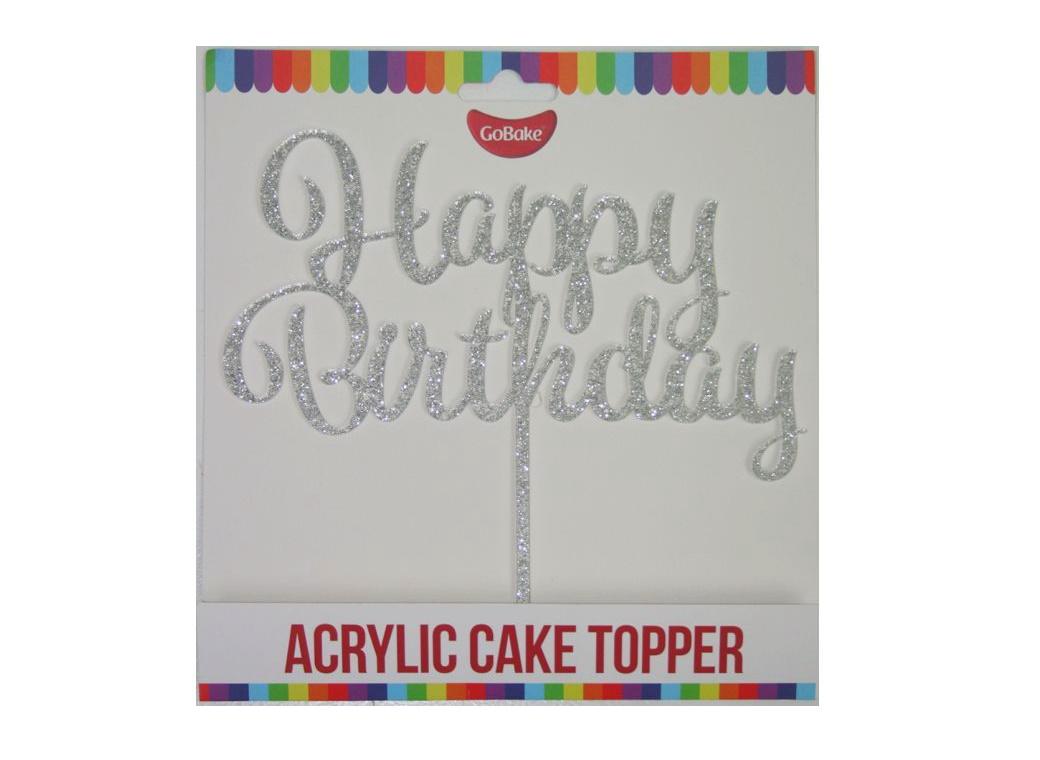 GoBake Happy Birthday Cake Topper - Silver Glitter