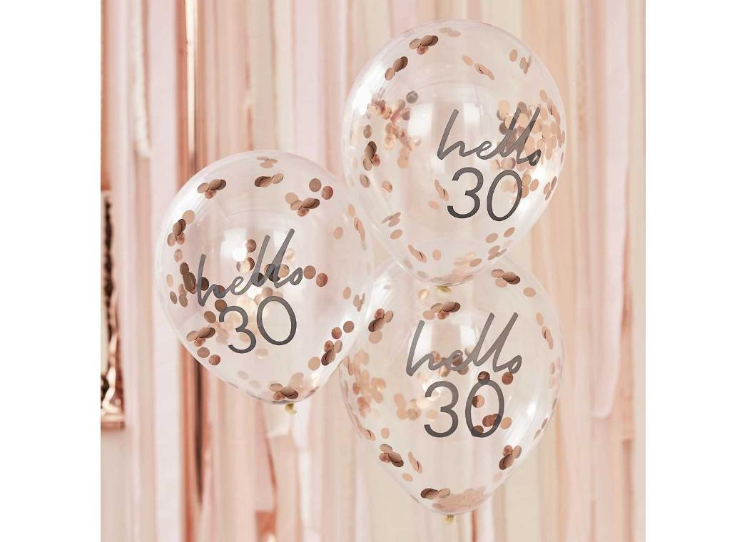 Hello 30 Rose Gold Confetti Balloons 5pk