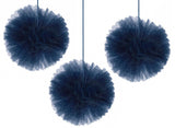 Navy Tulle Fluffy Pom Poms 3pk