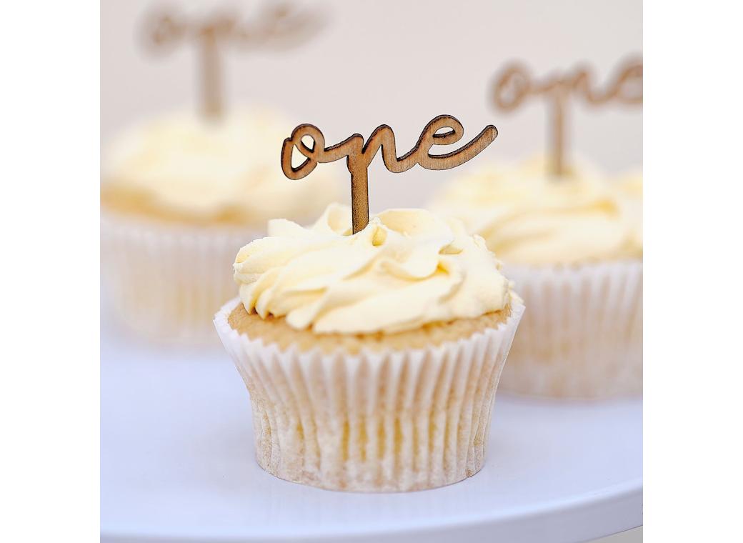 Wooden 'One' 1st Birthday Cupcake Toppers 6pk