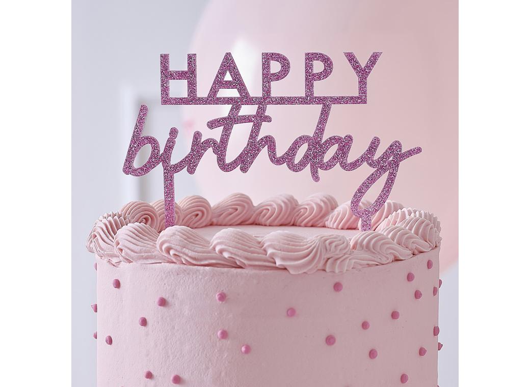 Pink Glitter Happy Birthday Cake Topper