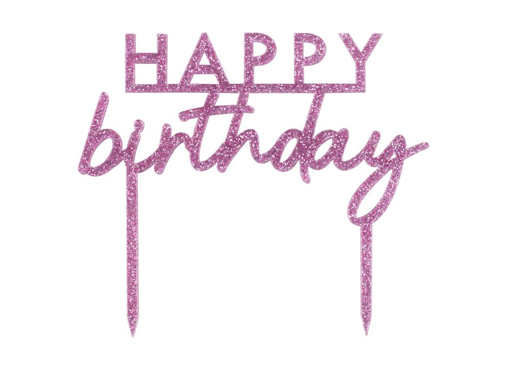 Pink Glitter Happy Birthday Cake Topper