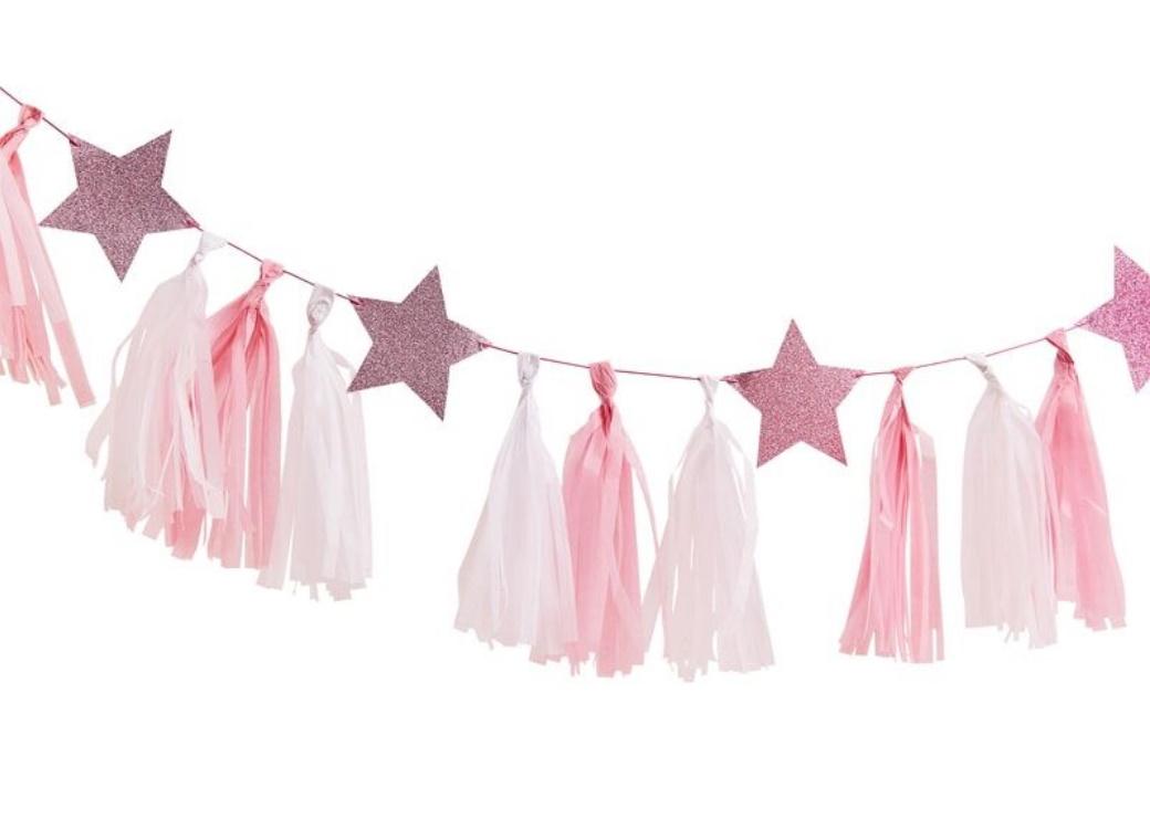 Pamper Party Pink Glitter Stars Tassel Garland