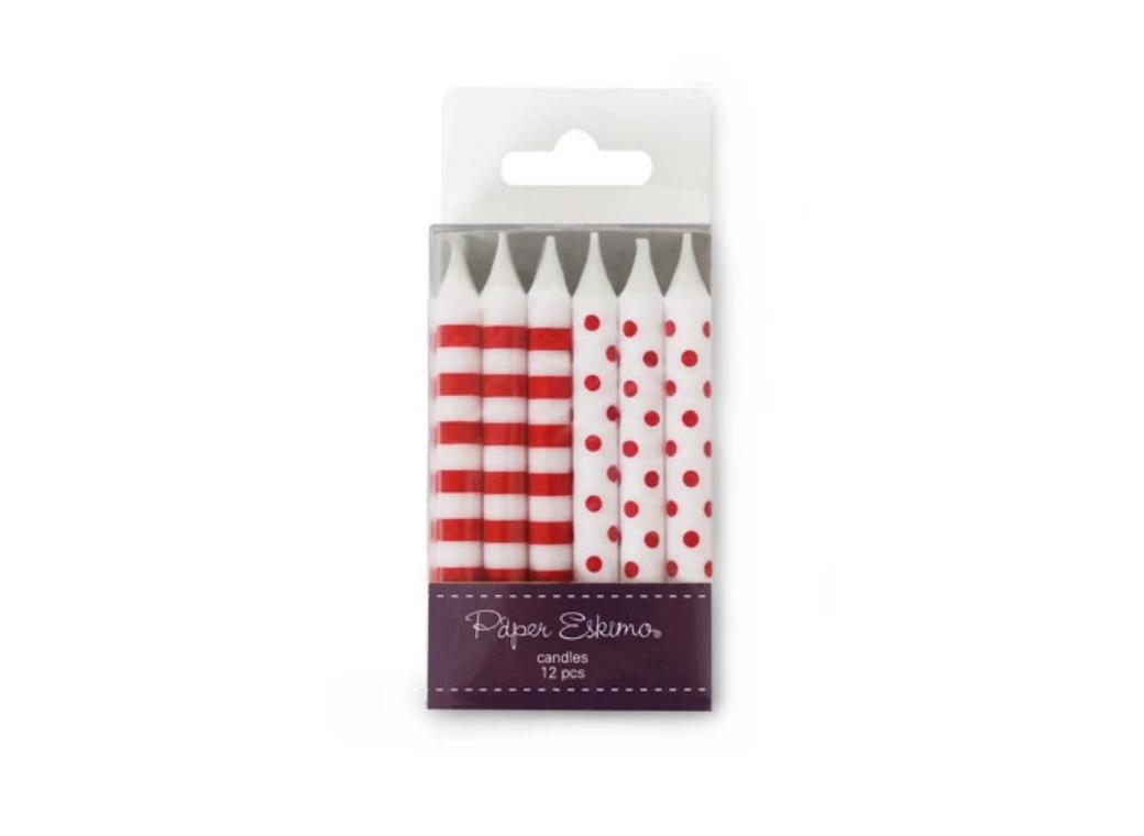 Spots & Stripes Candles 12pk - Candy Cane Red