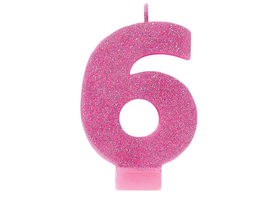 Pink Glitter Candle - Number 6