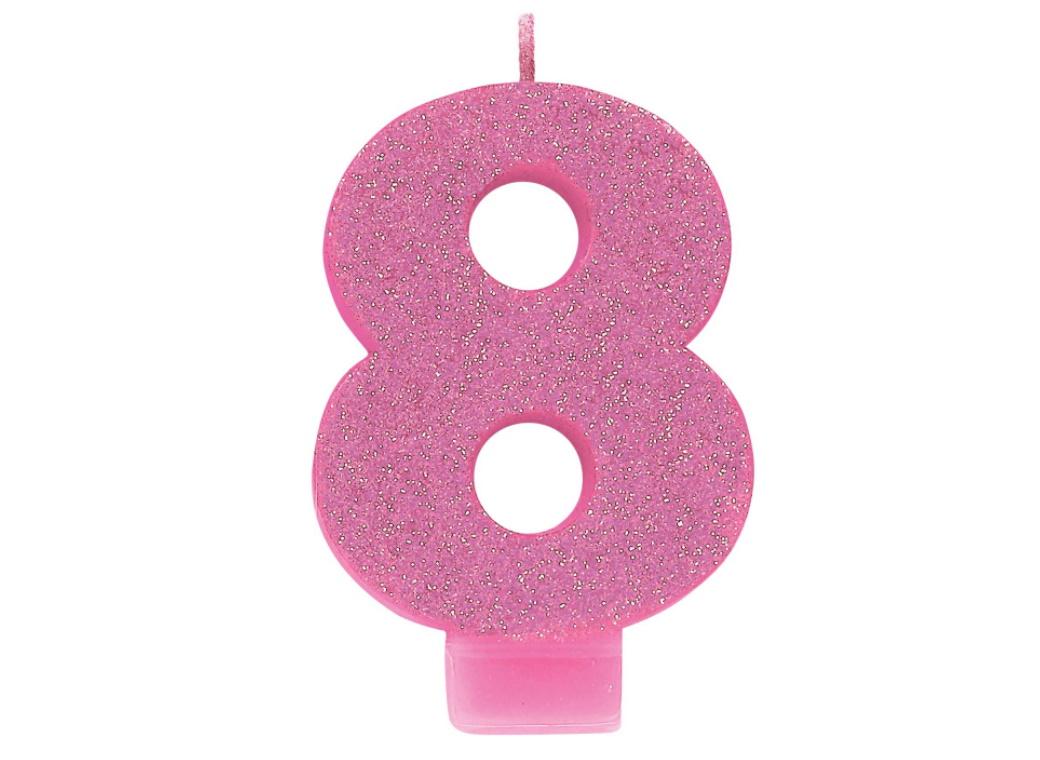 Pink Glitter Candle - Number 8