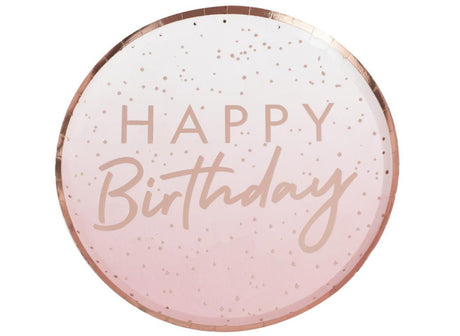 Happy Birthday Rose Gold Dinner Plates 8pk