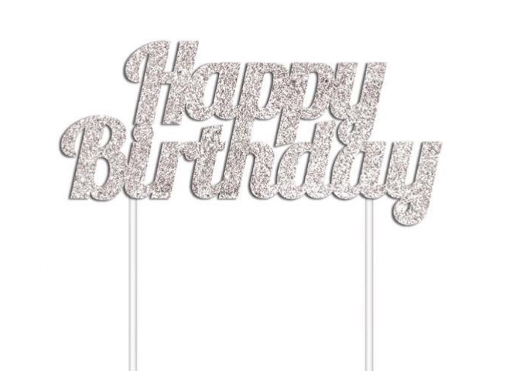 Glitter Cake Topper - Happy Birthday Silver