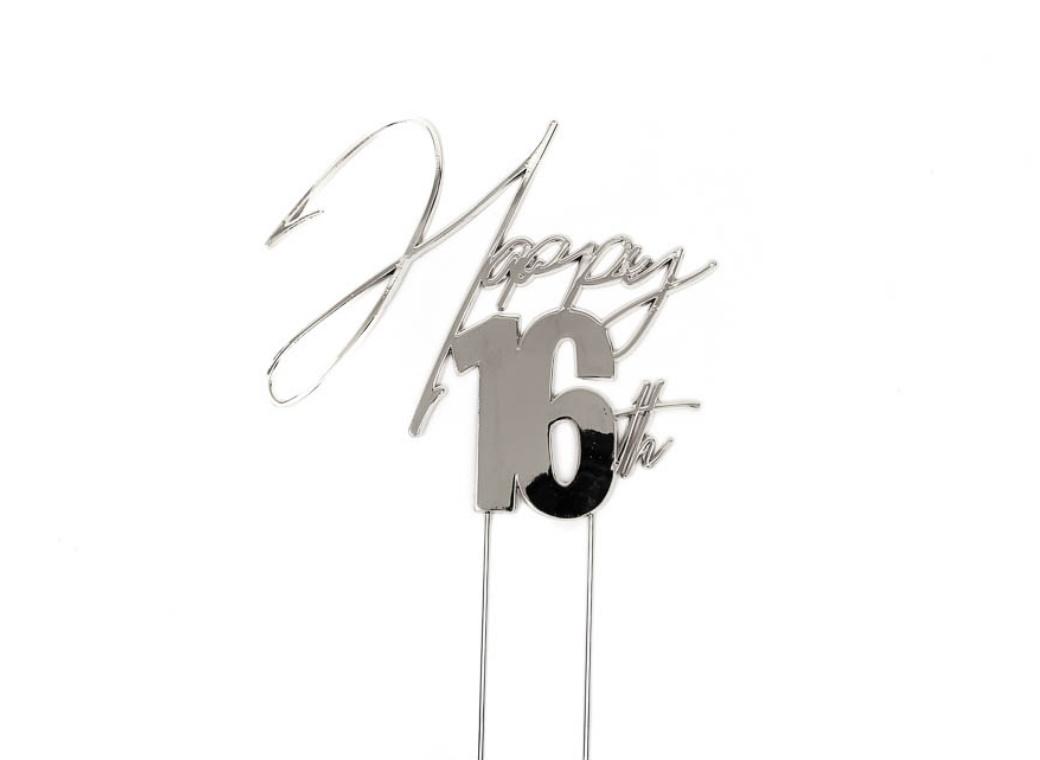 Silver Metal Cake Topper - Happy 16th