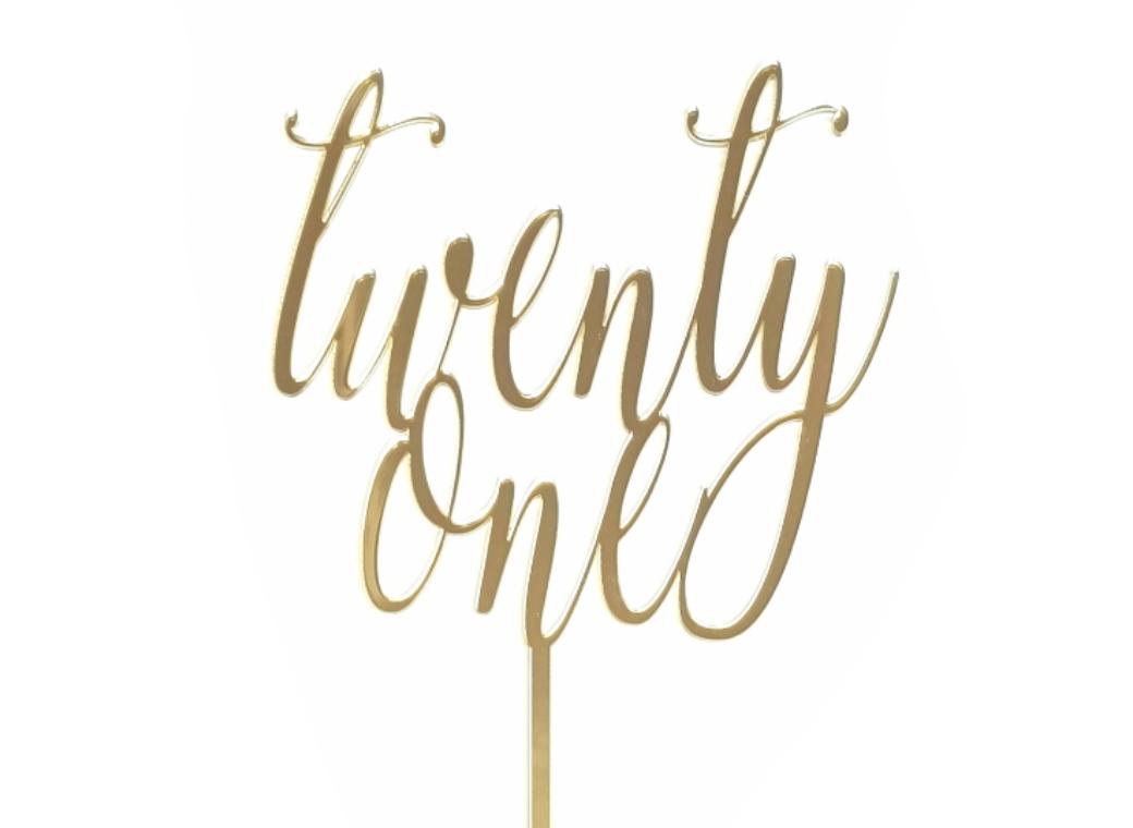 Twenty One Script Cake Topper - Gold Mirror