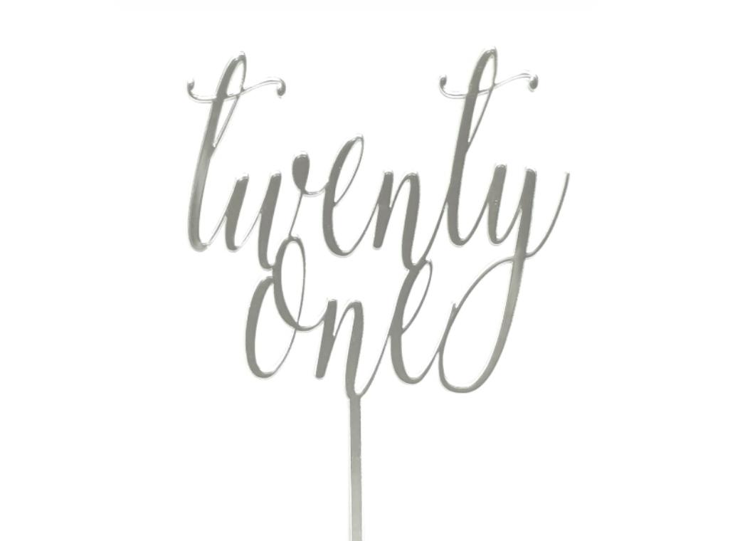 Twenty One Script Cake Topper - Silver Mirror