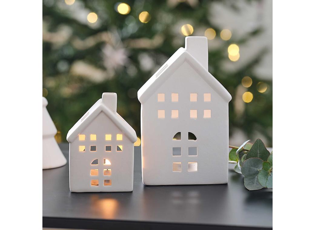 White Ceramic House Tealight Holders 2pk