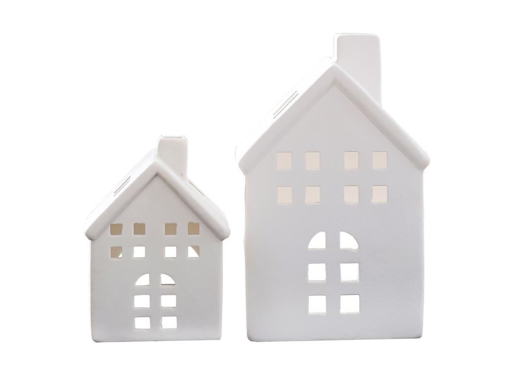 White Ceramic House Tealight Holders 2pk